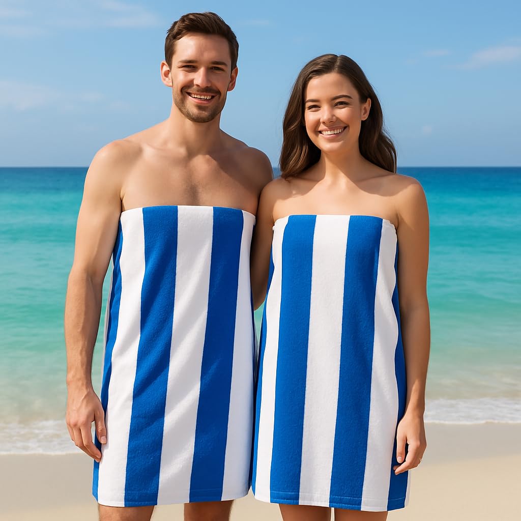 Coastal Luxe Striped Cotton Beach Towel – Extra Large, Quick Dry, Super Absorbent, Soft & Durable for Pool, Travel, Gym, and Everyday Use – Blue & Cream Stripes