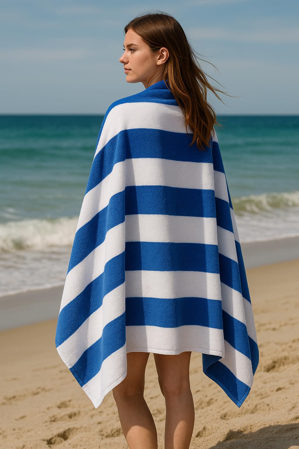 Coastal Luxe Striped Cotton Beach Towel – Extra Large, Quick Dry, Super Absorbent, Soft & Durable for Pool, Travel, Gym, and Everyday Use – Blue & Cream Stripes