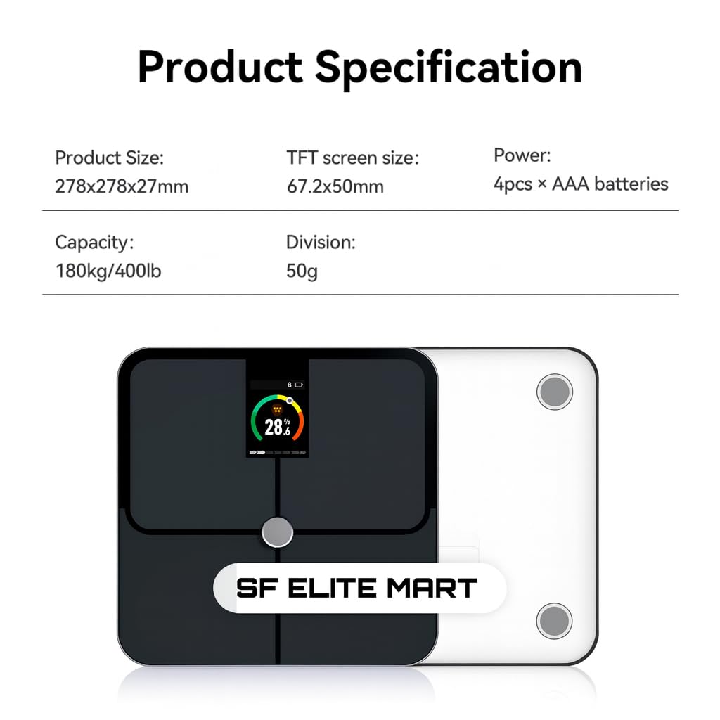 SF Smart Bluetooth Body Weight Scale with App – Digital BMI, Body Fat & Fitness Tracker, Syncs with Smartwatch
